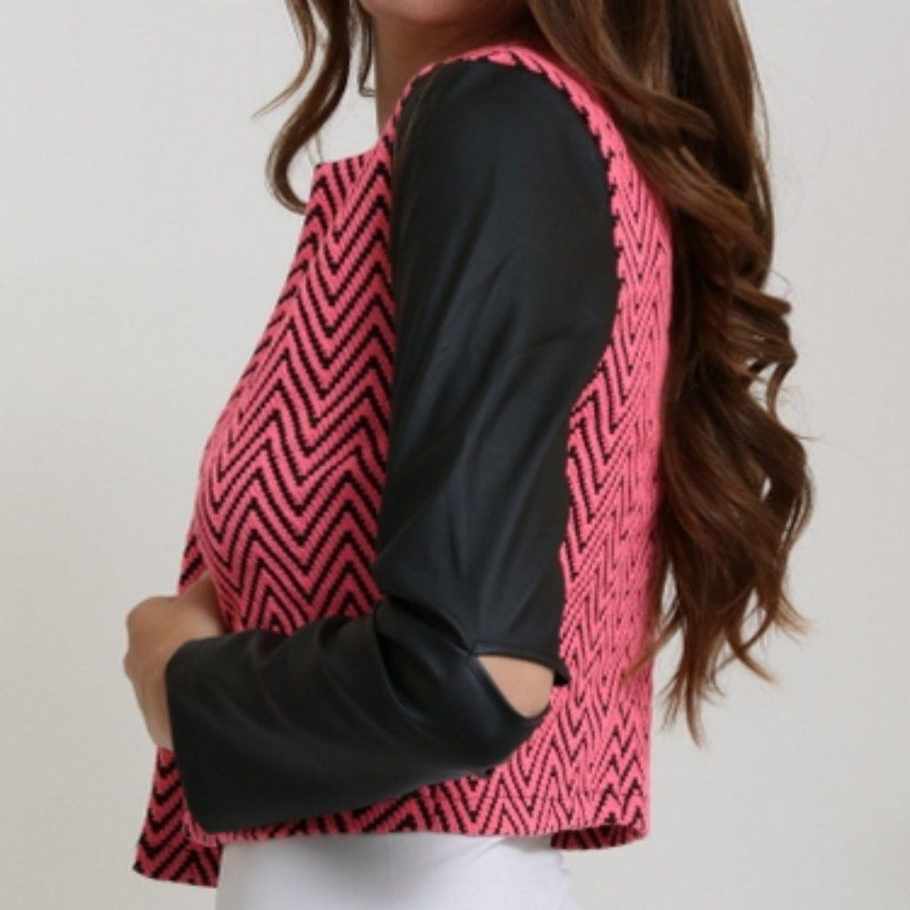 Fuschia Print Jacket w/ Faux leather sleeves - Picture 2 of 12